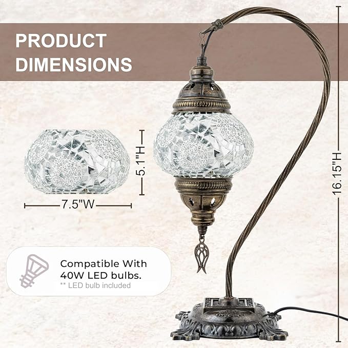 Kafthan Turkish Moroccan Mosaic Lamp – Handmade Glass Swan Neck Bedside Lamp with Antique Brass Base, Ideal Decor for Bedroom, Office, Living Room – Bulb Included (White Triple Circles)