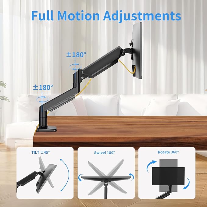 Single Monitor Stand for 13 to 32 inch Screens, Gas Spring Monitor Arm with Swivel, Tilt, Rotation, Height Adjustable, Desk Mount with C-Clamp and Grommet Base, Holds 4.4 to 19.8lbs Screen, Black