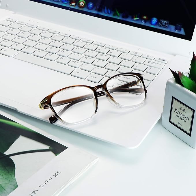 VisionGlobal Blue Light Blocking Glasses for Women, Anti Eyestrain, Computer Reading, TV Glasses, Stylish Square Frame, Anti Glare(Clear Brown,+5.00 Magnification)