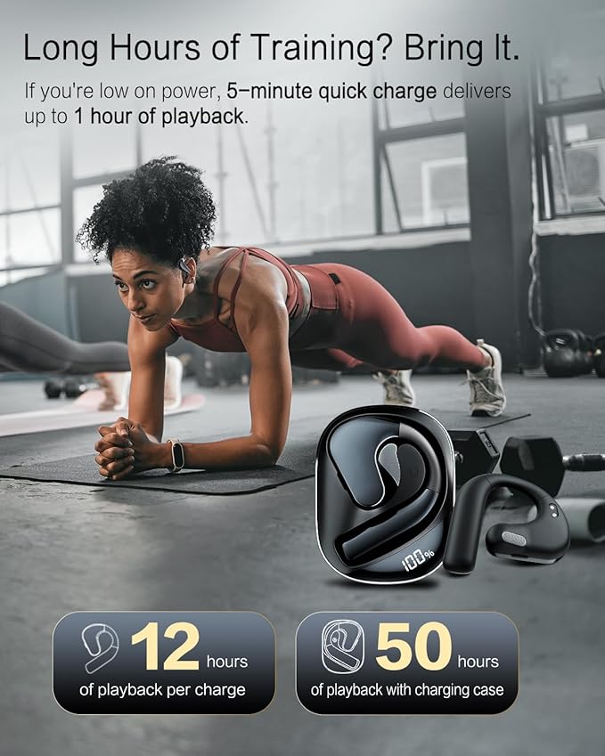Open Ear Headphones, Dynamic Bass Boost Bluetooth 5.4 Air Conduction Wireless Earbuds w/16.2mm Large Driver, 50H Playtime, 3 EQ Modes, ENC Mic, IPX5, Lightweight Fit for Workout Running Black