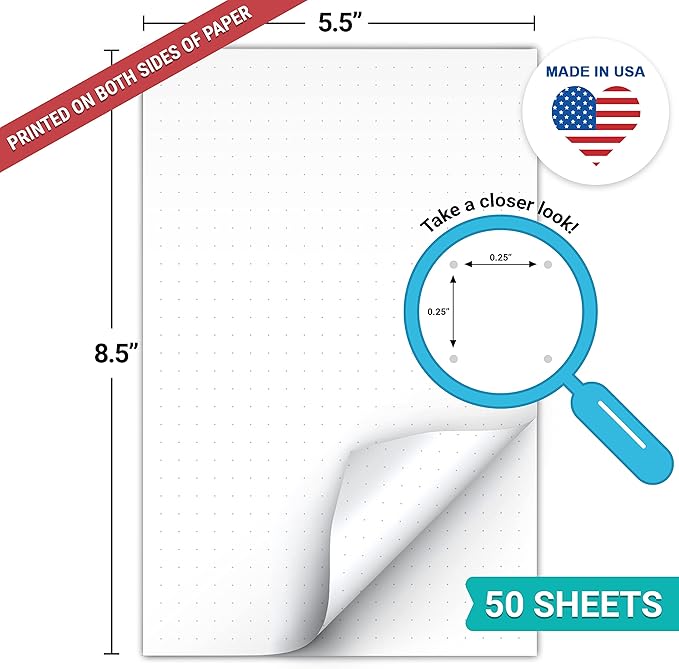 321Done Double Sided Dot Grid Paper Notepad, 0.25 Grid, 5.5x8.5, Made in The USA, Dotted Graph Pad for Drawing, Planning BUJO Bullet Journaling (50 Sheets) Thick Heavy White Paper