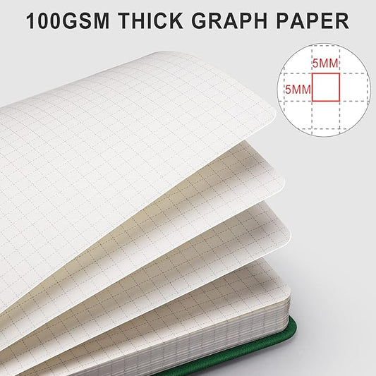 AHGXG Graph Paper Notebook - 320 Pages Grid Notebook Thick Journal A5, 100gsm Thick Graph Paper, Leather Hardcover, Inner Pocket,5.75'' × 8.38''- Green