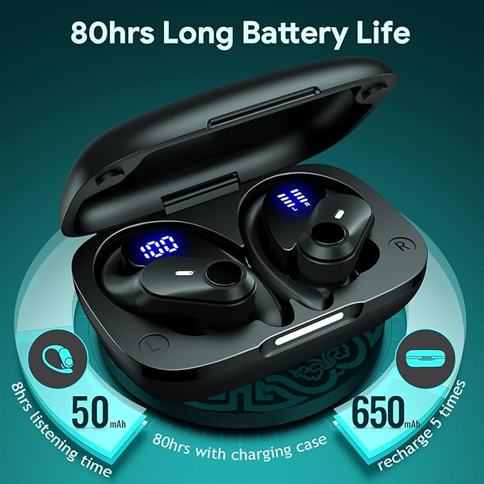 GOLREX Active Noise Cancelling Ear Buds Wireless Earbuds Bluetooth Headphones with 80H Playtime LED Display Charging Case, Over Ear Earphones with Hooks for Sports Running Gym Workout Black