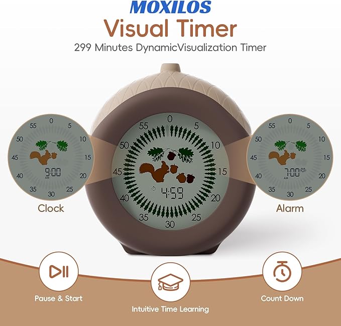 Digital Visual Timer for Kids with Protective Case, Hazelnut Theme 299 Minute Cute Squirrel Timer for Classroom Office Kitchen, Time Management Tools for ADHD Children