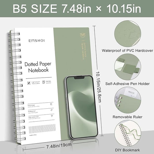 EMSHOI Spiral Notebook B5 Bullet Dotted journal, Dotted Grid Notebook with 300 Pages, 100gsm Thick Paper, 7.48" × 10.15", Waterproof Softcover Notebook for School Work Writing - Light Green
