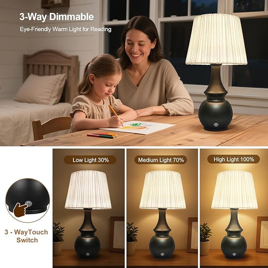 Black Cordless Lamp, Bedside Night Light, 4400mAh Battery Operated Lamp, Touch Lamps for Nightstand with Linen Shade, Rechargeable Table Lamp for Living Room,Dining,Office(Bulb Included)