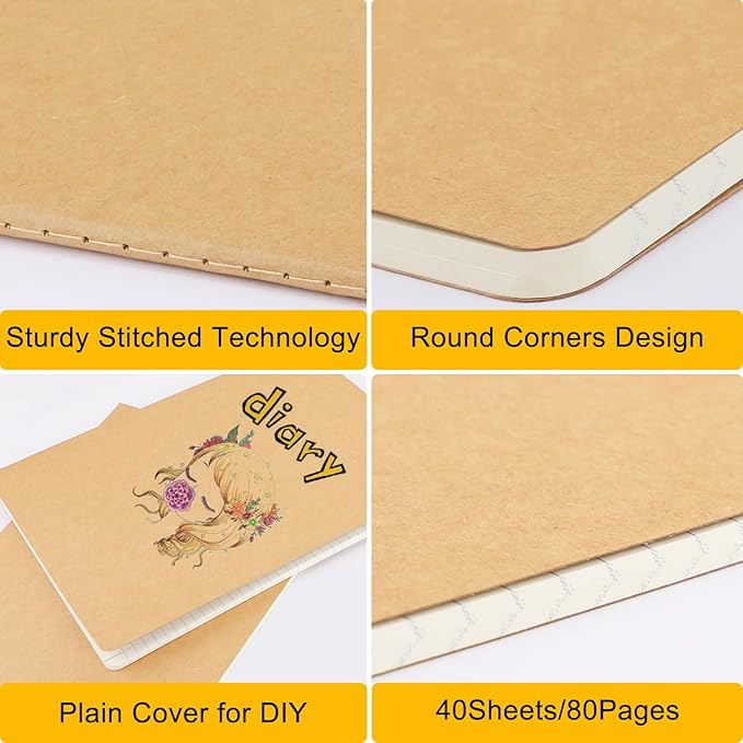 EUSOAR Graph Notebook, 6 Packs Large A4 8.5" x 11" 40 Sheets/ 80 Pages, 100gsm Thick Paper Kraft Journal Notebook, Student Sketchbook Composition Diary Subject Notebooks Planner Journal