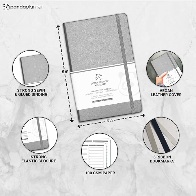 Panda Planner Undated Daily Planner - 90 Day Organization - Productivity For Entrepenuers - Set Goals - Bonus Weekly & Monthly Agenda - Grey - Hardcover