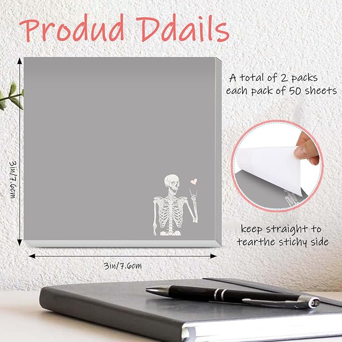 Sticky Notes 3x3 Inches, 2 Pads Cute Colorful Self-Stick Note Pads, Easy to Post for Home, Office and Daily Life Organization Cute Skull Heart