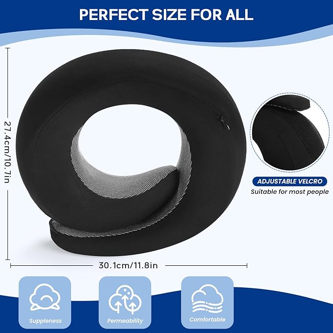 Badink®l Memory Foam Neck Travel Pillow, Neck Pillow Airplane with MagicStrap – Adjustable Ergonomic Travel Pillow for Office/Airplane/Car, Washable Cover, Portable Cervical Support （Black）