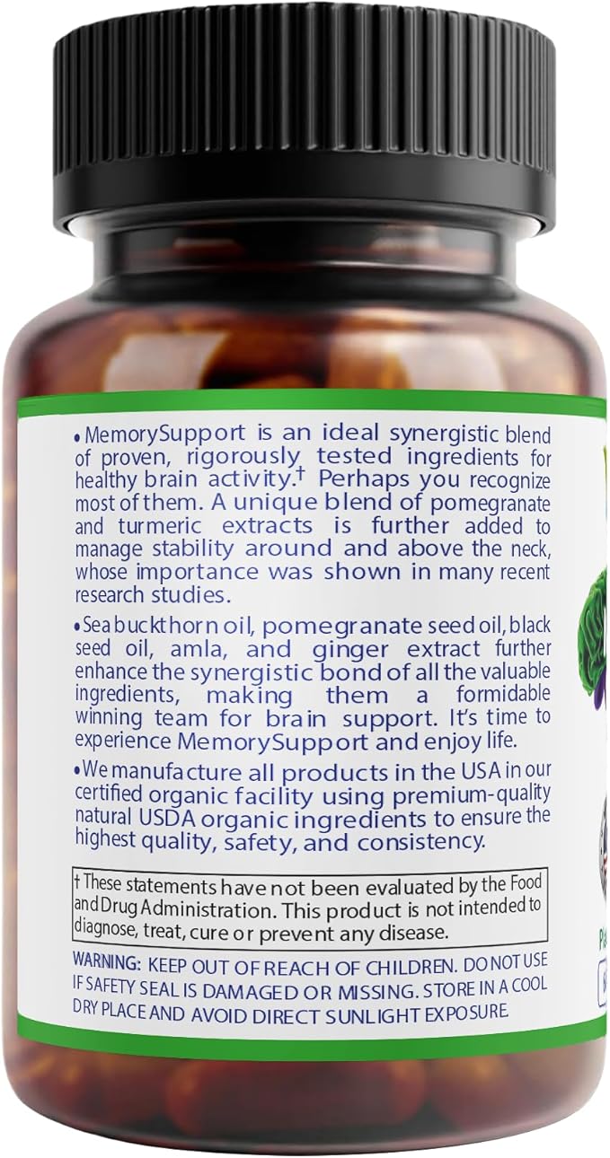 MemorySupport Brain Health Formula | Supports Mental Clarity, Recall & Concentration* | USDA Organic Nootropic Blend with Ginkgo Biloba & Ashwagandha | 60 Vegan Caps | Made in USA
