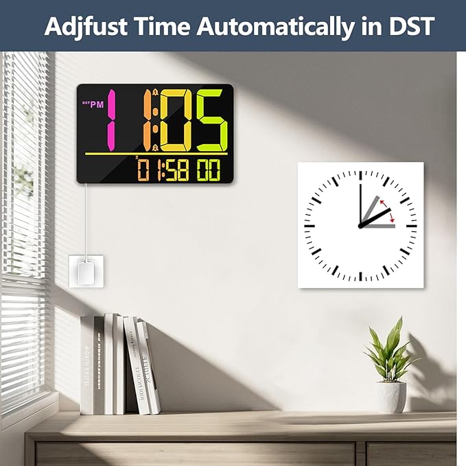 13" Large Digital Wall Clock with Remote, RGB Color Changing, 25 Ringtones, 0-100% Auto/Custom Brightness, Temperature, Calendar, 12/24H, DST, Timer, for Living Room/Bedroom/Office/Elderly