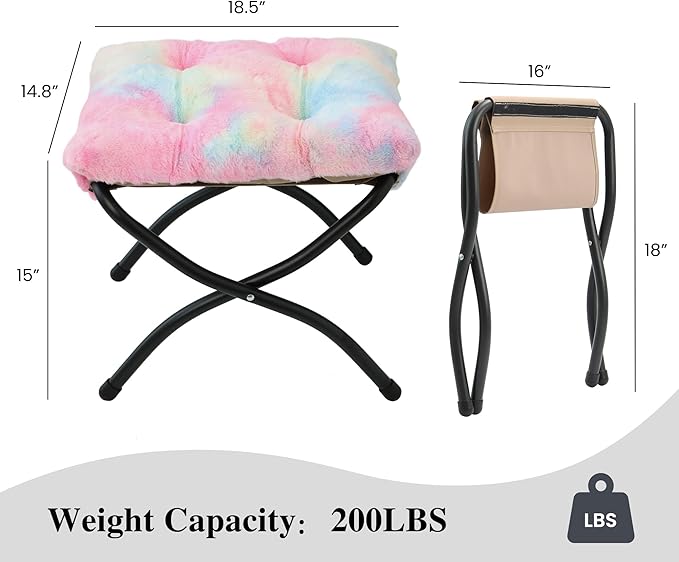 15"(H) Folding Ottoman, Foldable Footrest Stool, Portable Small Foot Stool for Couch, Collapsible Foot Rest Ottoman for Sofa, Accent Padded Ottomans for Living Room, Bedroom, Rainbow