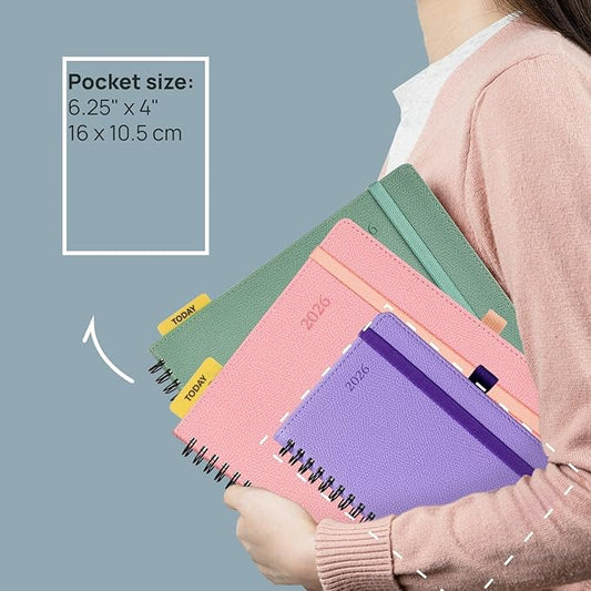 POPRUN 2026 Pocket Planner, (Small Size-4'' x 6.25'') - Daily Weekly and Monthly Calendar Agenda 2026 Appointment Book with Monthly Tabs, Spiral Soft Cover, Inner Pocket, 100 GSM - Pacific Green