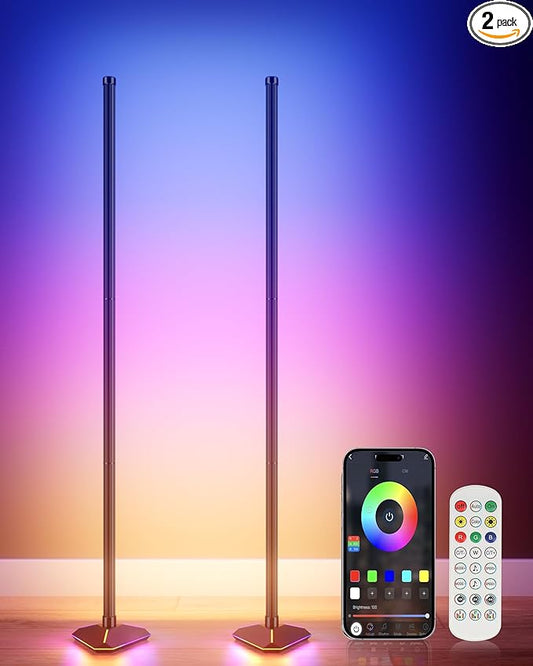 2PCS Floor Lamp with Illuminate Base, 50" RGB+IC Cool White LED Floor Lamp Color Changing 24V with Music Sync 16 Million DIY Colors Modern Smart Stand Lamp for Bedroom, Living Room, Studio