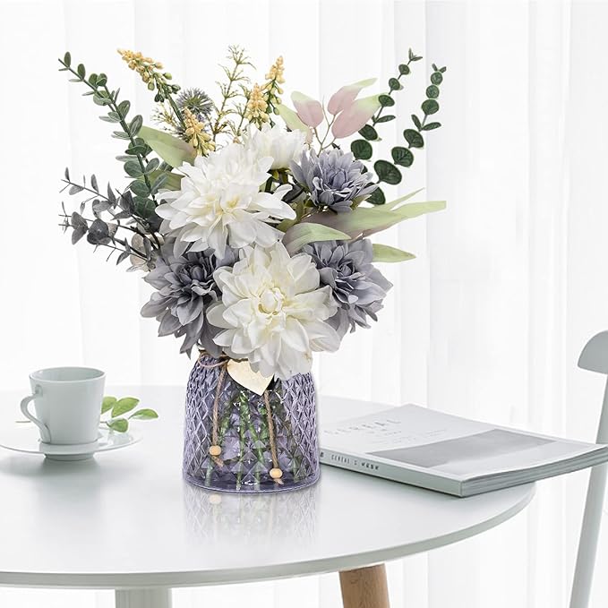 Home Decor Fake Flowers with Vase - Artificial Flowers Fake Plants Bouquet Decoration Realistic Dahlias, Hydrangeas, Eucalyptus Decor Modern Silk Flowers for Dining Table, Kitchen (Purple)