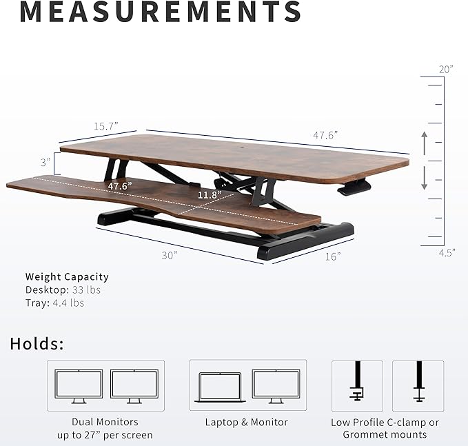 VIVO 48 inch Desk Converter, K Series, Height Adjustable Sit to Stand Riser, Dual Monitor and Laptop Workstation with Wide Keyboard Tray, Rustic Vintage Brown Top, Black Frame, DESK-V048KN