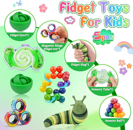 Cevioce 5Pcs Fidget Toys Adults Pack,Easter Basket Stuffers for Teens Boys,Autism Sensory Toys with Fidget Spinner Slug Magnetic Rings,Squishy Fidget Toys ADHD Stress Relief,Party Favor for Kid-G