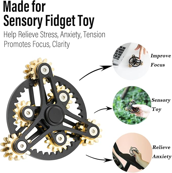 FREELOVE Gear Metal Fidget Spinner Toys for Adults, Small Mini Tiny Pockget Figette, Bike Chain, Copper Brass Hands Gyro, Quiet Silent Cool Cube for Anxiety Men (Wheel 10 Gears Linkage, Black-Brass)