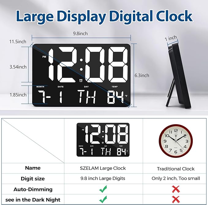 SZELAM Digital Clock Large Display,11.5"Digital Wall Alarm Clock with Remote Control,LED Oversized Electric Clock with Calendar,12/24H,Adjustable Brightness Large Clock for Home Office Kitchen Bedroom