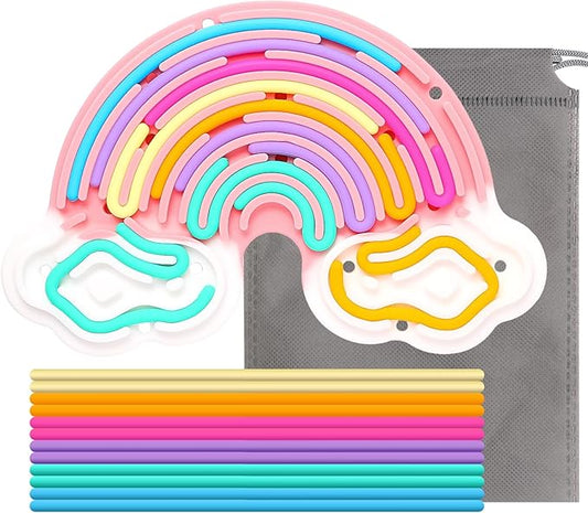 Fidget Toys Sensory Activity Board, Silicone Sensory Toys for Stress Anxiety Autistic ADHD Calming, Kids 3+ & Adults, Travel Bag & 12 Strings, Rainbow (Pink)