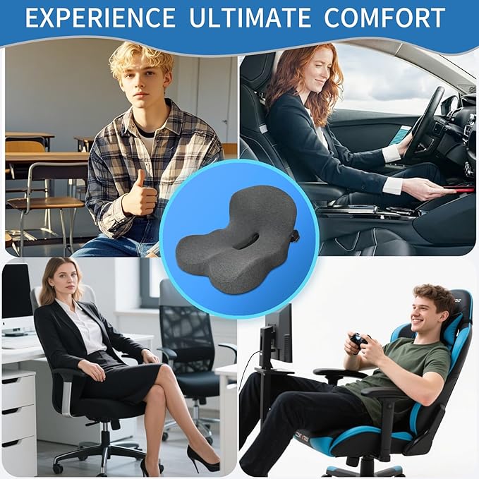 Memory Foam Seat Cushion,Office Chair Cushion with Lumbar Support for Back Pressure Relief, Car Seat Cushion with Adjustable Strap,Sciatica Pad Cushions for Car,Truck, Desk,Gaming Chair