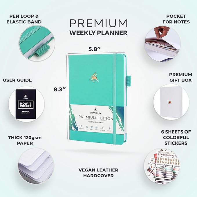 Clever Fox Planner Premium Edition – Undated Luxurious Weekly & Monthly Planner to Increase Productivity and Hit Your Goals – Organizer – Start Anytime, A5, Lasts 1 Year, Light Turquoise (Weekly)