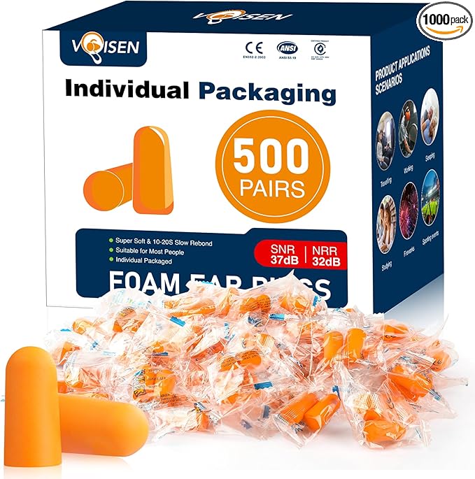 VOISEN Ear Plug,500 Pairs Ear Plugs for Sleeping,32dB NRR 37dB SNR Ear Plugs Noise Cancelling for Snoring, Studying, Loud Events, Traveling & Concerts, Individual Package