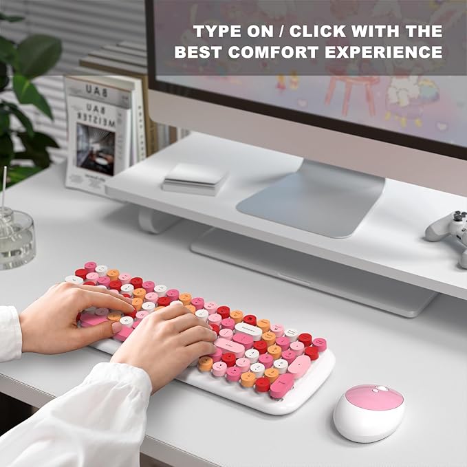 Wireless Keyboard and Mouse Combo, MOWUX - Modern Compact Layout, Colorful Compact Candy Mouse and Retro Round Keyboard Set with Cover, for PC/Laptop/Windows/Mac - White Pink Colorful