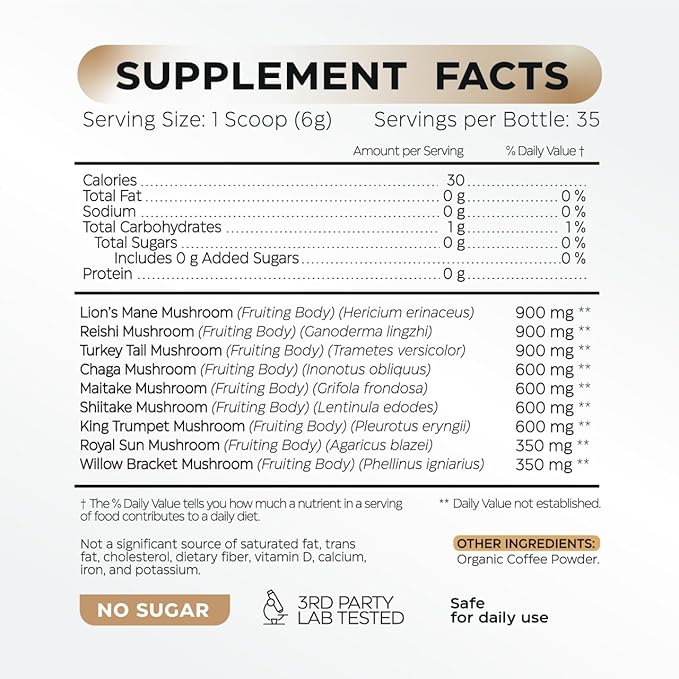 Mushroom Coffee - 10-in-1 Mushroom Superfood Adaptogen Mix - Lion's Mane, Chaga, Turkey Tail, Reishi, Organic Arabica Instant Coffee - for Gut Health, Immunity, Energy - Sugar Free - 7,4 oz (35 Serv)