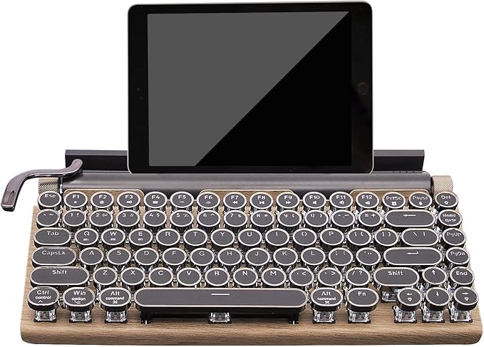 Retro Mechanical Keyboard, Punk Bluetooth Wireless & Wired, 75% Layout, LED Backlit, Round Keycaps, 83 Keys, for iOS/Android/Windows/Mac/iPad, Wood Color