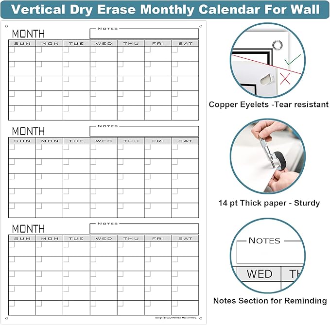 Large 3 Month Dry Erase Calendar For Wall,36x24 Inch Jumbo Undated Three Month Whiteboard Calendar For Medium Office,Giant Reusable Laminated 90 Days Vertical Wall Planner Poster For Home,School