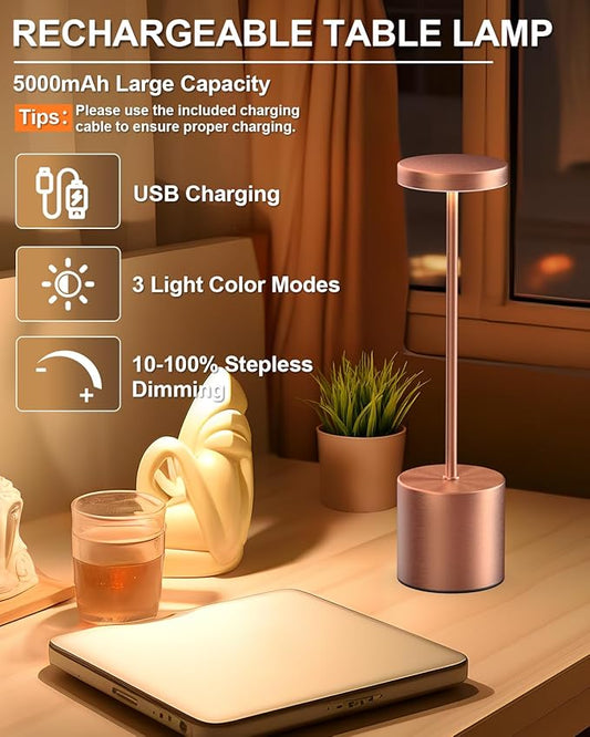 Cordless Table Lamps Rechargeable, Portable LED Desk Lamp, 5000mAh Battery Powered Wireless Table Light - 3 Color Dimmable Lighting for Restaurant Dining Patio Outdoor Bedroom(Rose Gold)