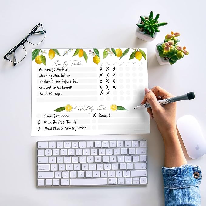 Dry Erase Whiteboard Task Planner | Removable and Restickable Adhesive Decal | Fine-Tip Magnetic Marker Included (9 x 12 inches, Lemon)
