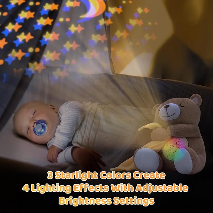 BEREST Rechargeable Baby Sleep Soother Bear, Nursery Decor Night Light Projector, Mom's Heartbeat Cry Sensor Lullabies White Noise Sound Machine, Toddler Crib Sleeping Aid Toys for Shower Gifts