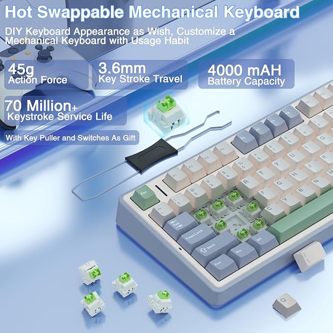 AULA F75 75% Wireless Mechanical Keyboard, Hot Swappable Creamy Keyboard, Pre-lubed Reaper Switches RGB Backlit Gaming Keyboards, 2.4GHz/Type-C/BT5.0(White & Green)