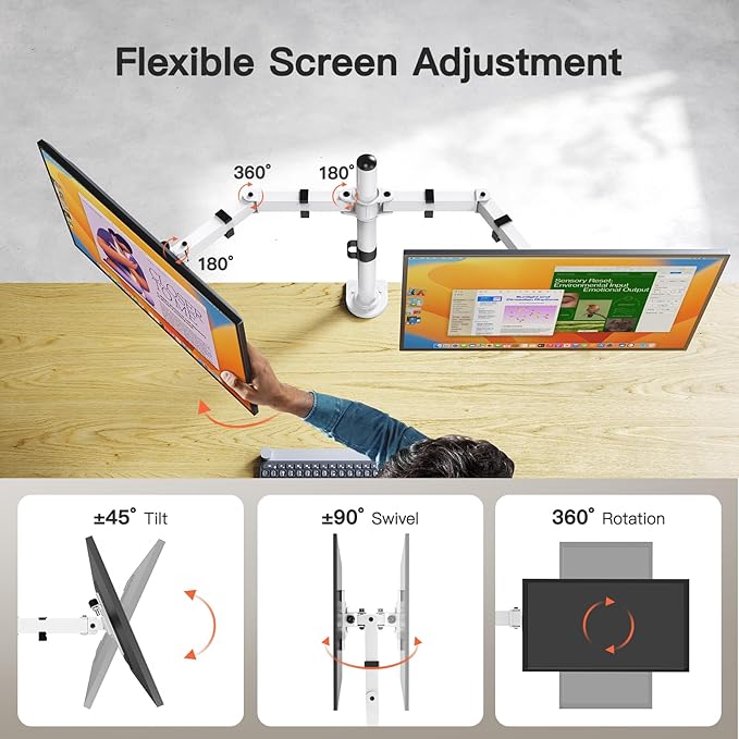 ErGear Dual Monitor Desk Mount for 13″–34″ Monitors up to 26.5 lbs, Fully Adjustable Monitor Stand Holds 2 Computer Screens, Heavy-Duty Dual Monitor Arm with C-Clamp & Grommet Base, White, EGCM13W