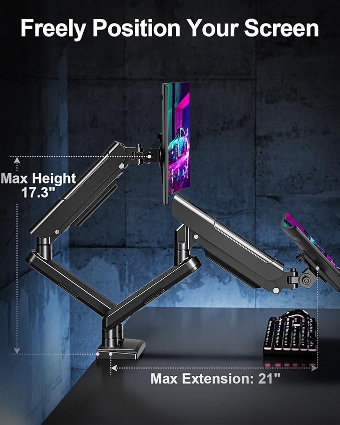Dual Monitor Arm for 17-32 Inch Computer Screens, 22lbs per Arm, Full Motion Monitor Desk Mounts for 2 Monitors, Gas Spring Desk Mount, VESA Mount, Freelift Pro