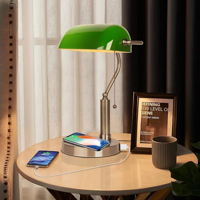 FIRVRE Glass Bankers Desk Lamp with Wireless Charger, 2 USB Charging Port, Vintage Desk Lamp with Pull Chain Switch, Retro Table Lamps for Home Office, Piano, Library (Bulb Included)