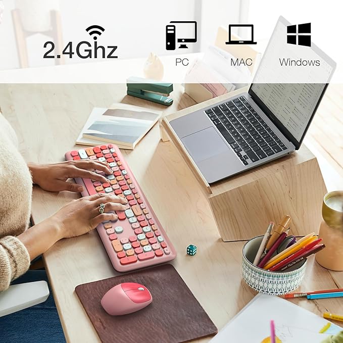 MOFII Wireless Keyboard and Mouse, Ergonomic Full Size Keyboard and Mouse Combo for Mac, Windows 7/8/10, Laptop, Desktop, PC, Computer (Pink Colorful)