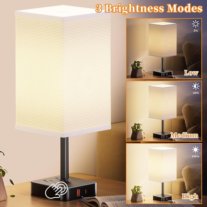 Remote Control Bedside Lamp with USB-C & USB-A Charging Ports, 2 AC Outlets, Stepless Dimming Nightstand Lamp for Bedroom- Touch & Remote Control,Warm Soft Light Table Lamp for Home, Office,Decoration