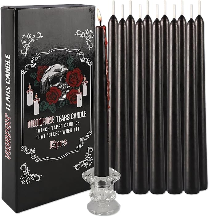 12PCS 10-Inch Black Bleeding Taper Candles,Vampire Tears Taper Candles- Unscented Candle Pack Ideal for Halloween, Christmas, Rituals, and Themed Party Decor.