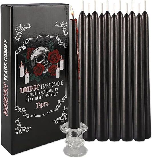 12PCS 10-Inch Black Bleeding Taper Candles,Vampire Tears Taper Candles- Unscented Candle Pack Ideal for Halloween, Christmas, Rituals, and Themed Party Decor.