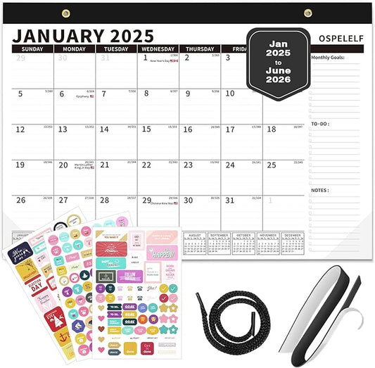 Ospelelf Magnetic Calendar 2025-2026 for Refrigerator, Desk Wall Calendar, January 2025 to June 2026, Monthly Large Planner Pad with Plastic Cover 17" X 12" Black