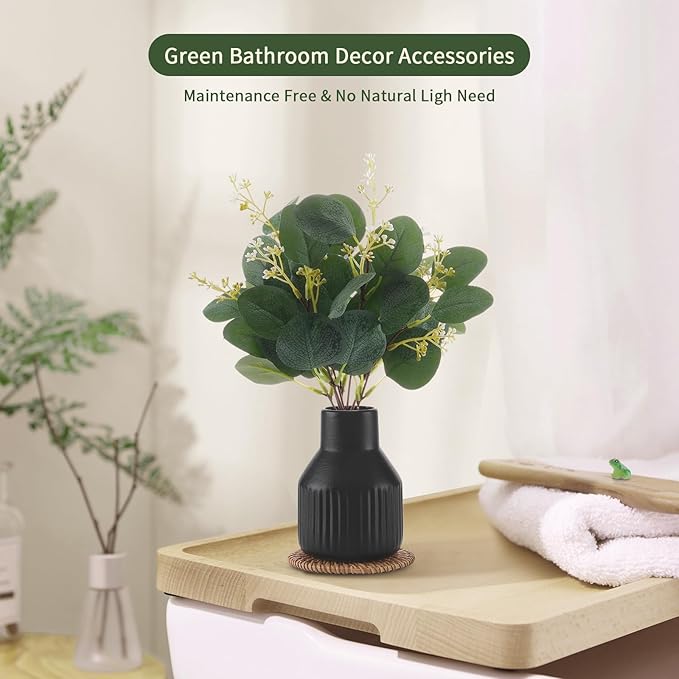 Artificial Eucalyptus Greenery Stems in Ceramic Vase,10Pcs Fake Plants Eucalyptus Leaves faux Plants for Centerpiece Table Decorations Home Room Decor office desk decor Greenery Decor indoor (Black)