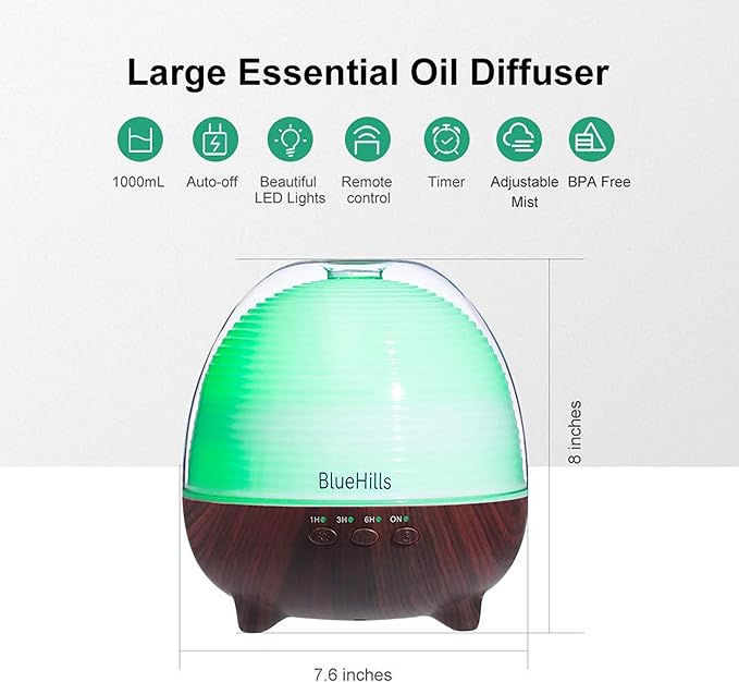 BlueHills Premium 1000 ML Large XL Essential Oil Diffuser with Remote Aroma Humidifier for Large Room Home Long Run Time Huge Coverage Area Lights High Mist Output Big Capacity Dark Wood Grain N6