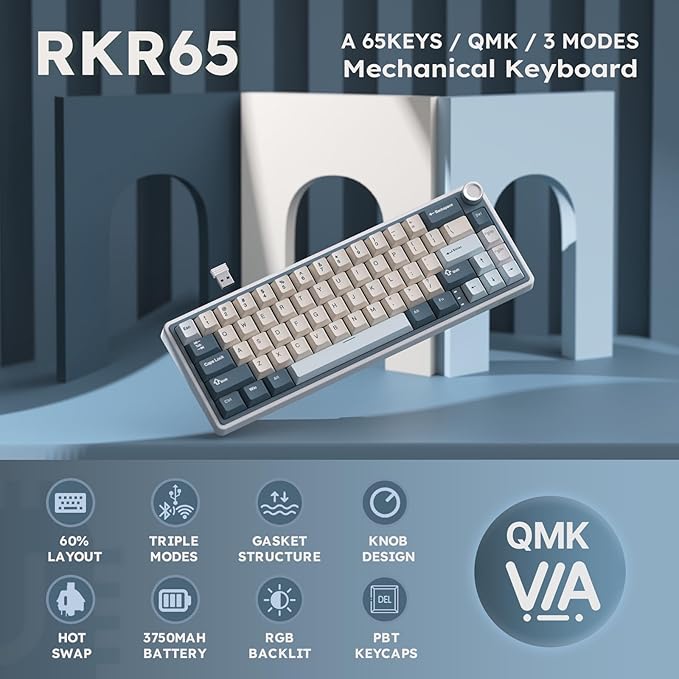 RK ROYAL KLUDGE R65 Wireless Mechanical Keyboard with Volume Knob, Tri-Mode 2.4G/USB-C/BT Gasket Mounted 60% Gaming Keyboard with 66Keys, PBT Keycaps, QMK/VIA, Hot Swappable Cream Switch, Blue