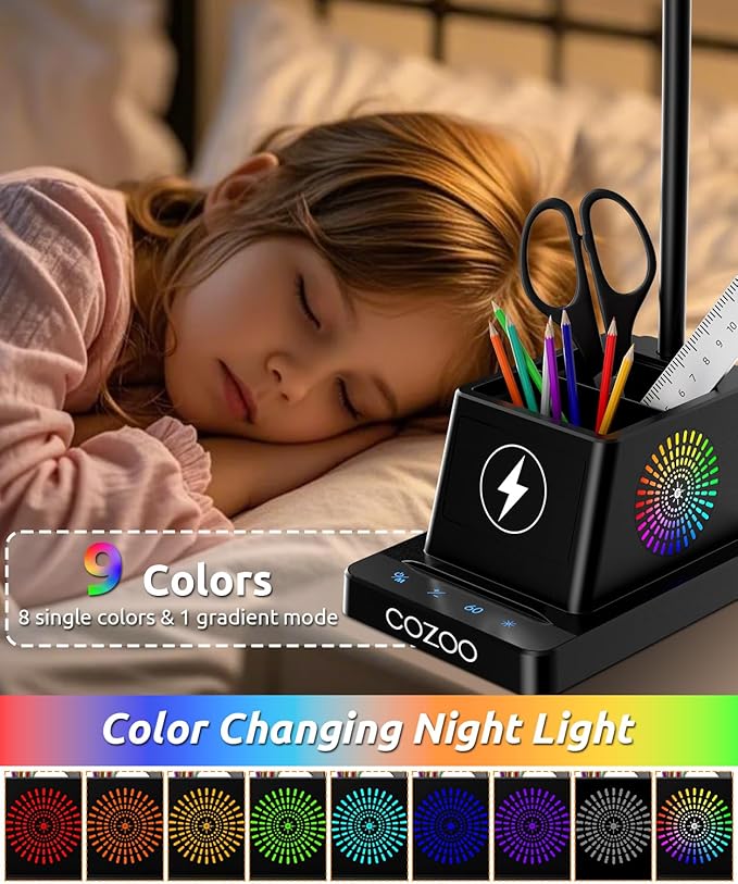 Desk Lamp with Wireless Charger, COZOO LED Desk Lamps for Home Office, Eye-Caring LED Light with Pen Holder for College Dorm Room, Gooseneck Table Lamp for Bedside Office Bedroom Study,Dorm Essentials