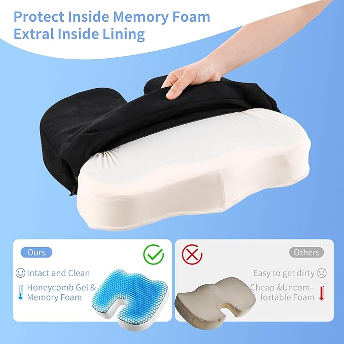 Seat Cushion for Office Chair, Gel & Memory Foam Chair Cushion, Sciatica & Coccyx Pain Relief Cushion for Long Sitting Office Workers, Car Drivers