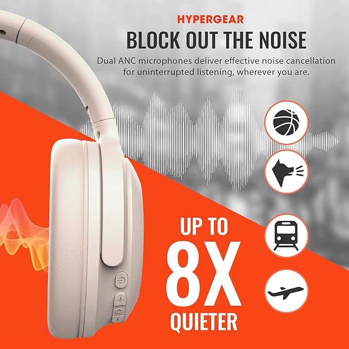 HyperGear Headphones Wireless - Bone Active Noise Cancelling Headphones Over Ear Bluetooth HD Audio Deep Bass Dual Noise Canceling Mics ANC Gym Headphone Wireless Over Ear Sound Cancelling Foldable